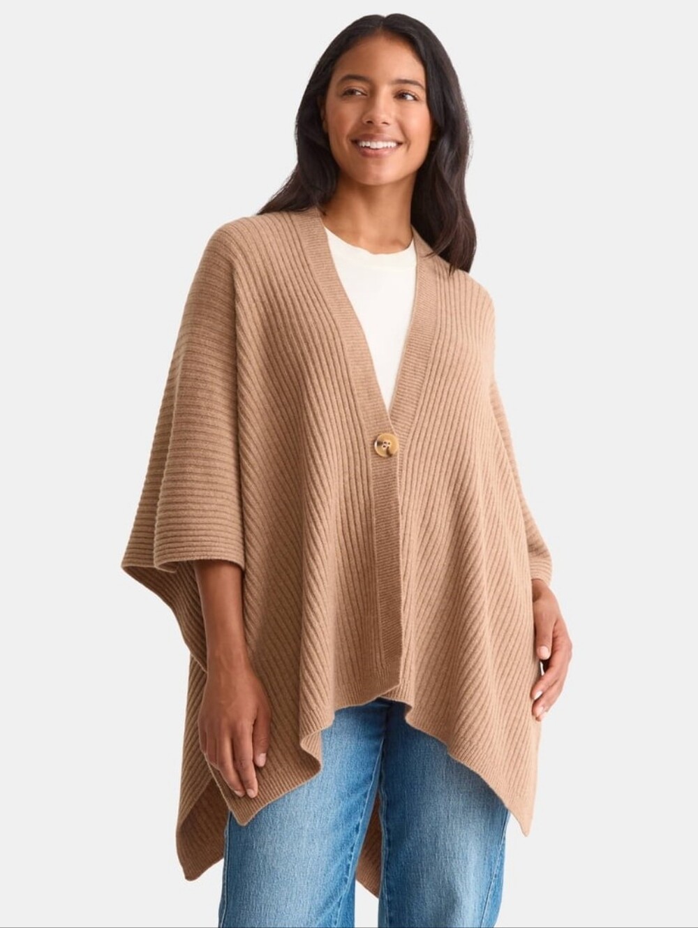Tan/Beige Rib Knit Coverup Button Shawl Plus Size One Size